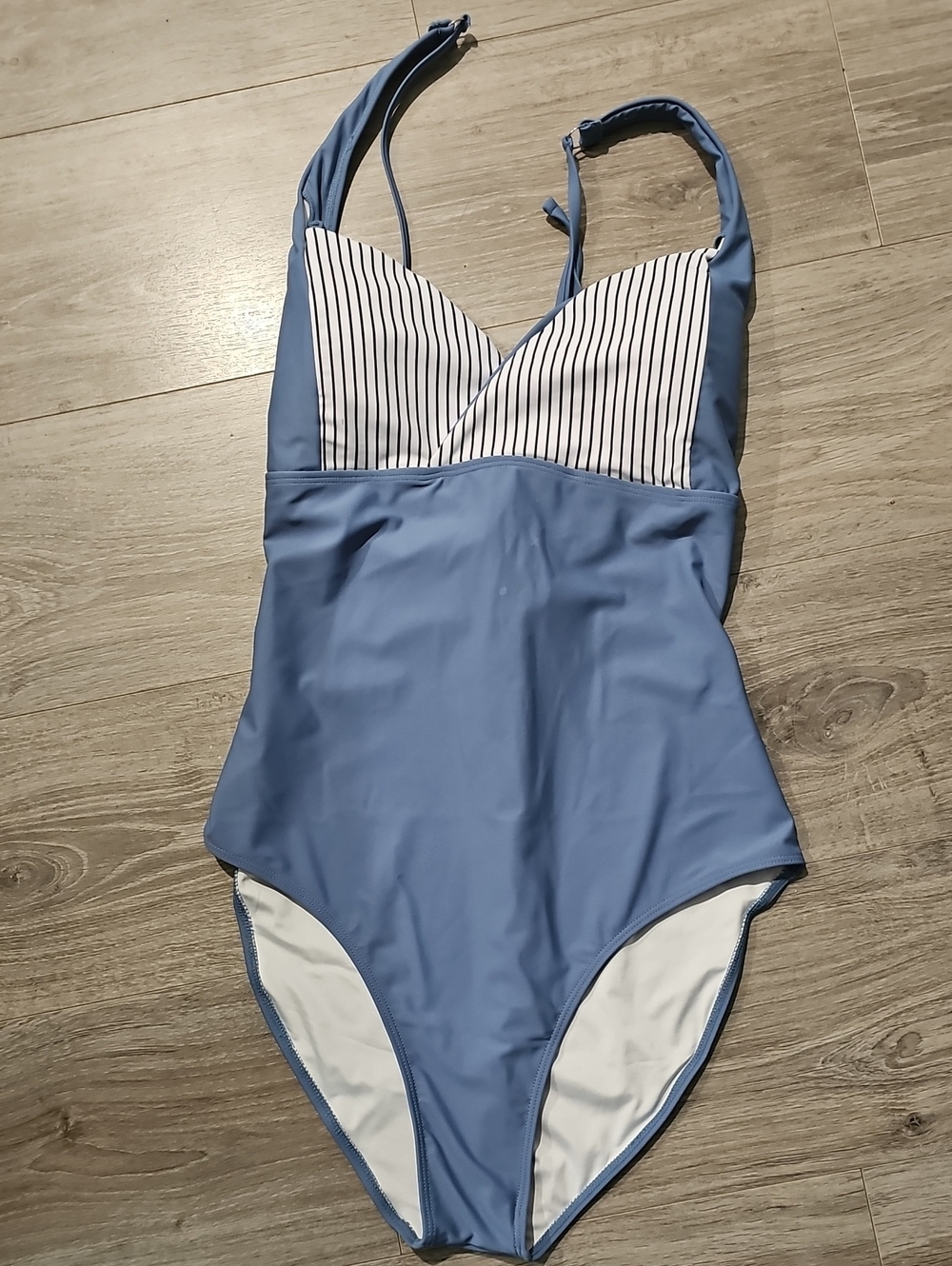 Blue One-Piece Swimsuit with Striped Bust